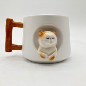 Coffee Mug 3D Cat in Cubby 10oz White Orange Faux Wood Handle Unbranded